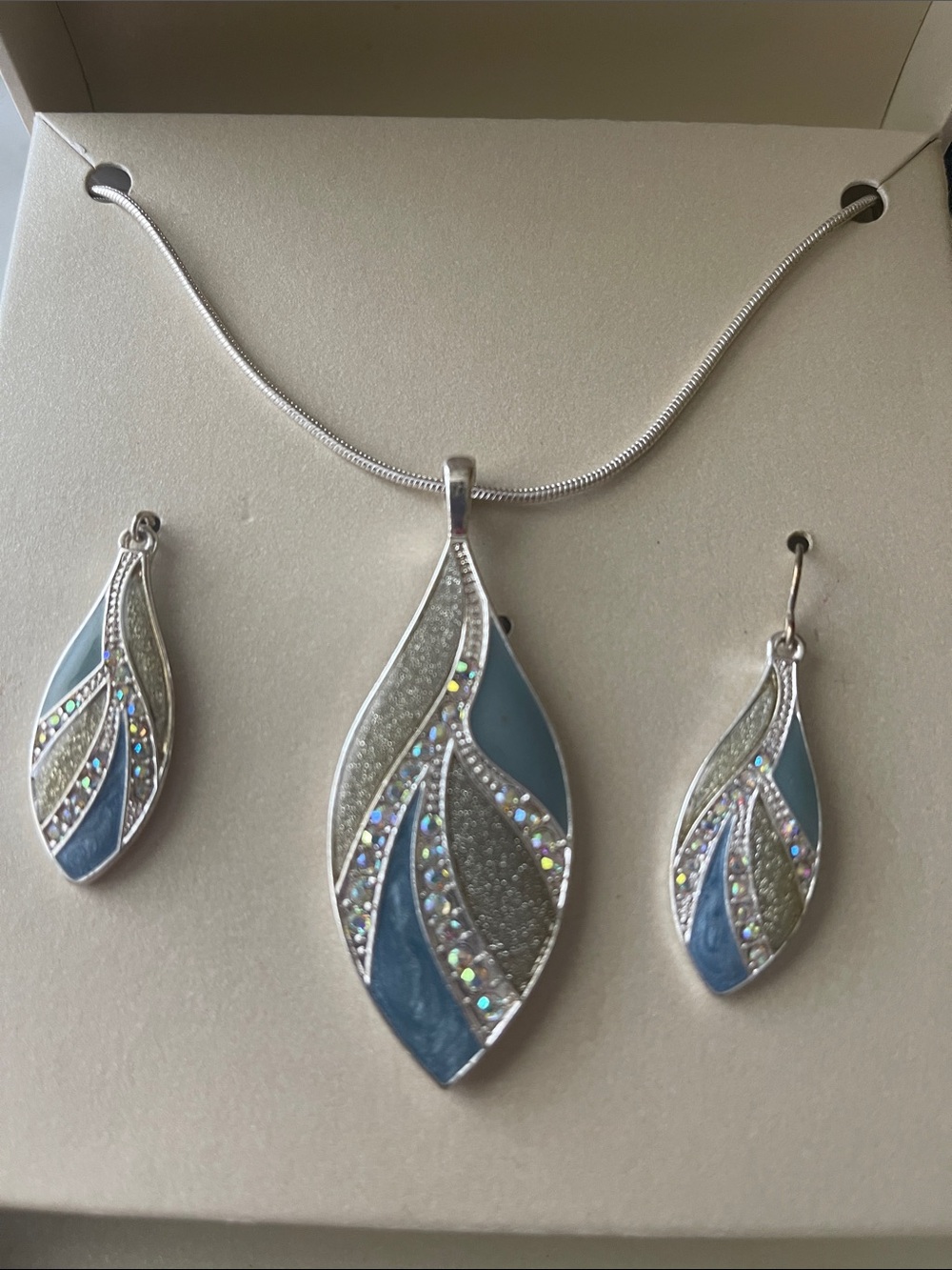 Silver Necklace and Earring Set with Blue and Iridescent Accents